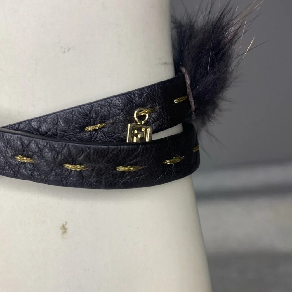 Fendi Selleria Double Wrap Brown Leather Bracelet with Fur Accents (13.5in)